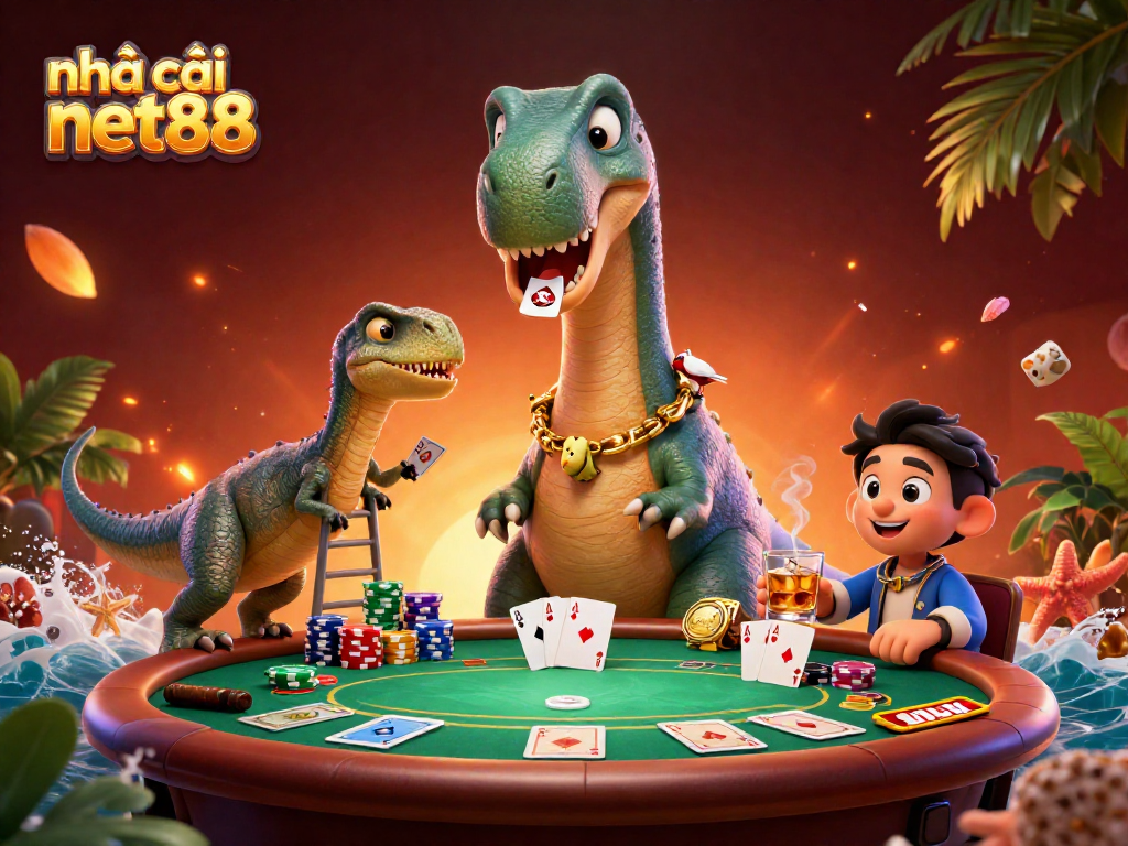 Join the thrill at nhà cái net88 featuring a playful brontosaurus and clever raptor in a vibrant casino.