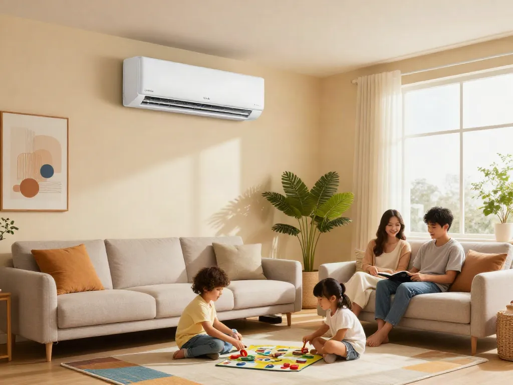 18k mini split unit cooling a stylish living room with family enjoying time together.