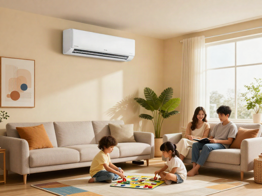 18k mini split unit cooling a stylish living room with family enjoying time together.
