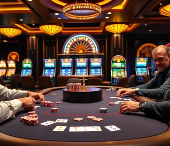 A lively poker game at 789bet com featuring players focused on their cards with vibrant casino decor.