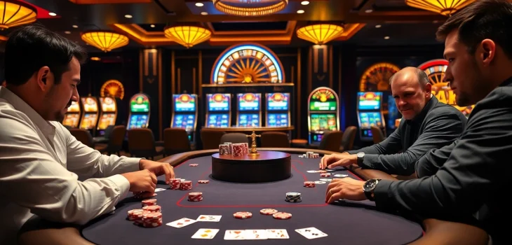 A lively poker game at 789bet com featuring players focused on their cards with vibrant casino decor.
