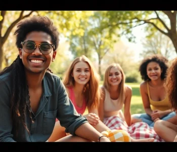 Group of friends enjoying a sunny day, expressing joy and crush on someone in a lively park scene.