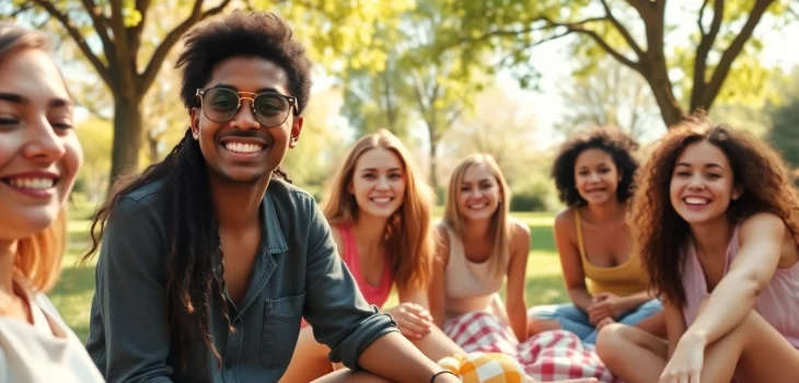 Group of friends enjoying a sunny day, expressing joy and crush on someone in a lively park scene.
