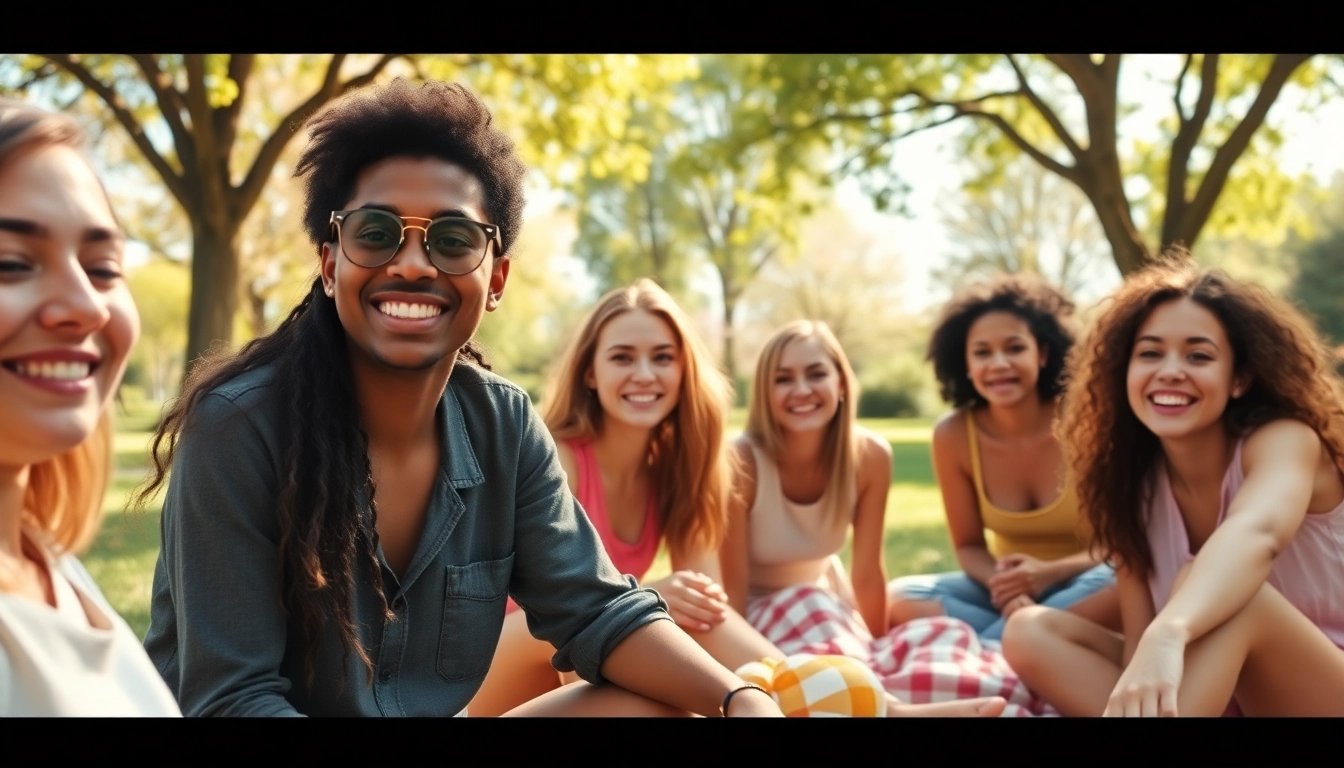 Group of friends enjoying a sunny day, expressing joy and crush on someone in a lively park scene.