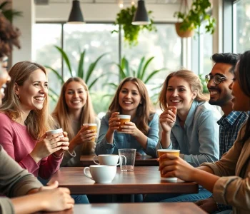 Engaging café scene illustrating the feeling of having a crush on someone with young adults enjoying conversation.