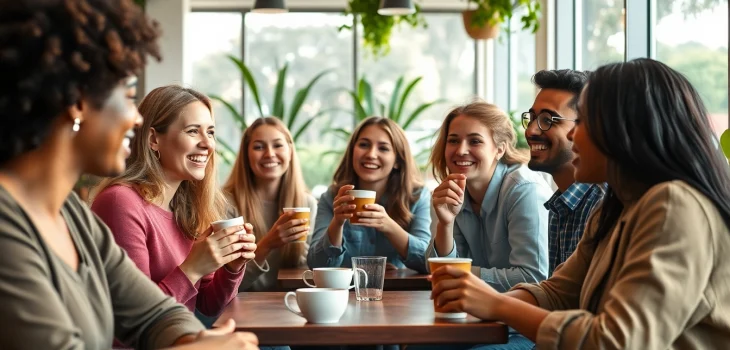 Engaging café scene illustrating the feeling of having a crush on someone with young adults enjoying conversation.