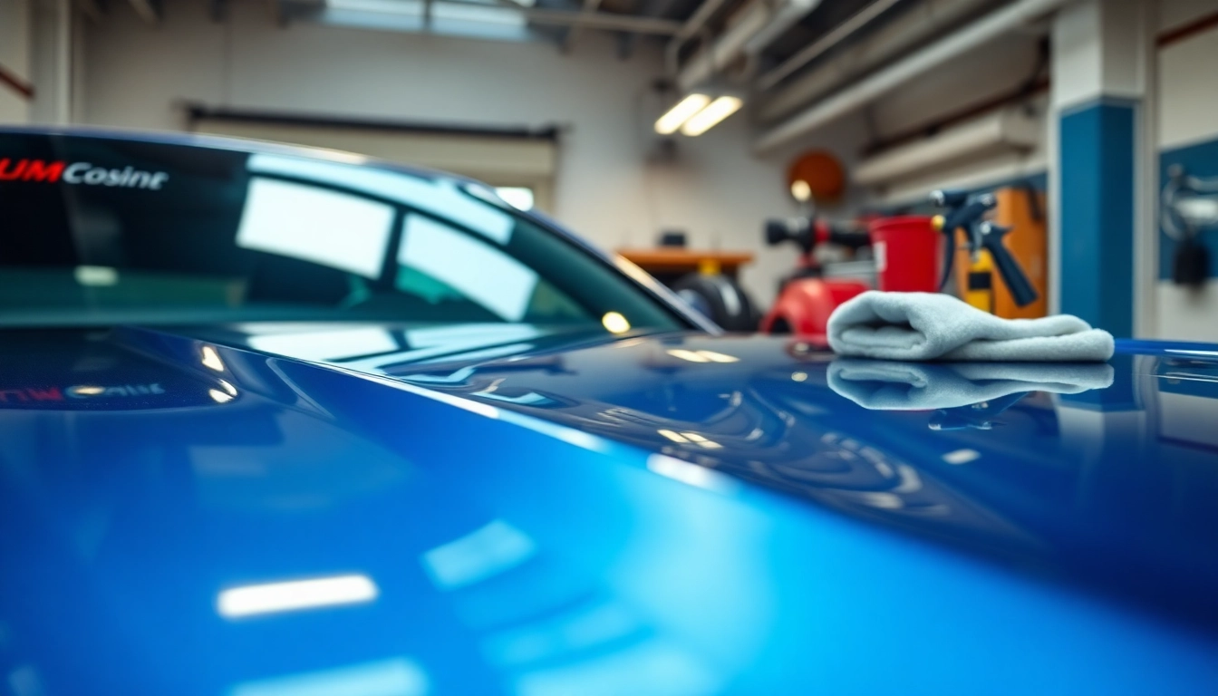 Ceramic coating near me showcasing a car detailing process in an upscale garage.