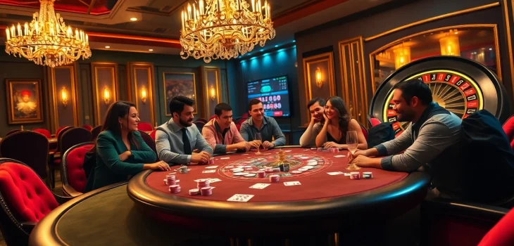 Players enjoying a lively poker game and roulette at 33win casino, encapsulating excitement and luxury.