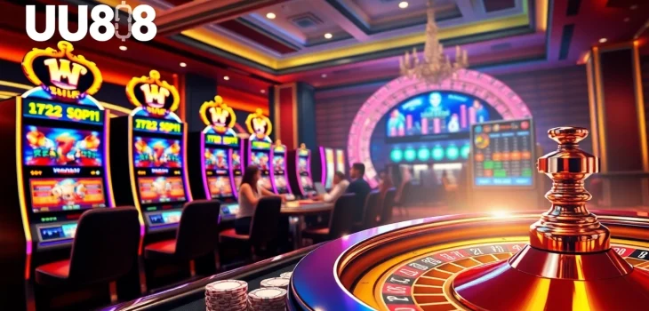Experience thrilling gameplay at UU88 with vibrant slot machines and poker tables in a luxurious casino.