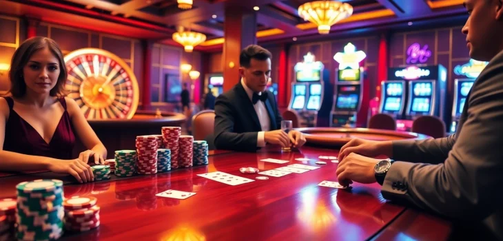 The action-packed poker game at https://gg88.black/ with stylish players, vibrant chips, and a roulette wheel in the background.