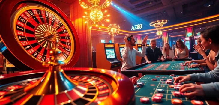 Exciting scene of players engaging in a lively poker game at AZ88 casino with vibrant colors.