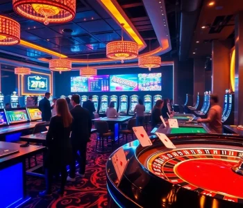 Exciting scene showcasing crypto online casinos with vibrant gaming tables and lively players.