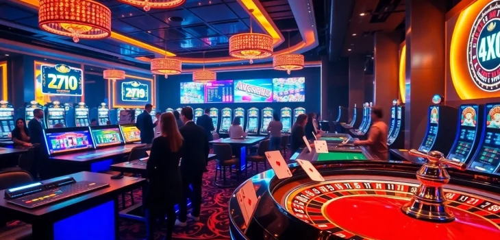 Exciting scene showcasing crypto online casinos with vibrant gaming tables and lively players.