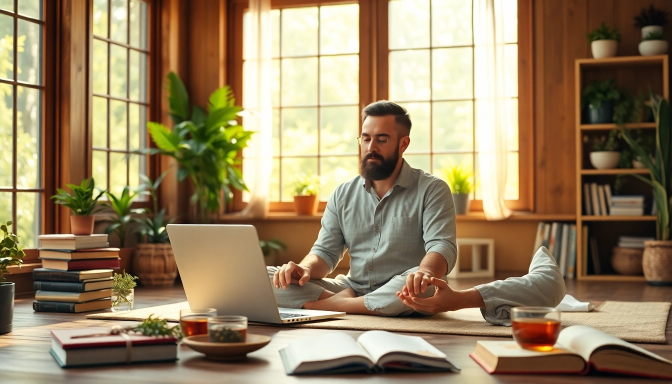 Engaging Ayurveda online courses session with herbs, books, and a laptop in a sunlit setting.
