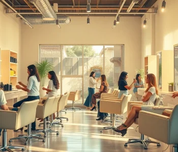 Hair salon San Diego showcasing stylists at work, highlighting eco-friendly ambiance, diverse clientele, and personalized service.