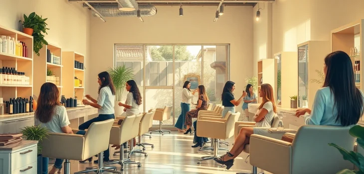 Hair salon San Diego showcasing stylists at work, highlighting eco-friendly ambiance, diverse clientele, and personalized service.