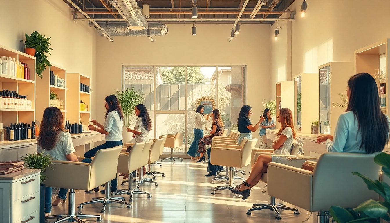 Hair salon San Diego showcasing stylists at work, highlighting eco-friendly ambiance, diverse clientele, and personalized service.