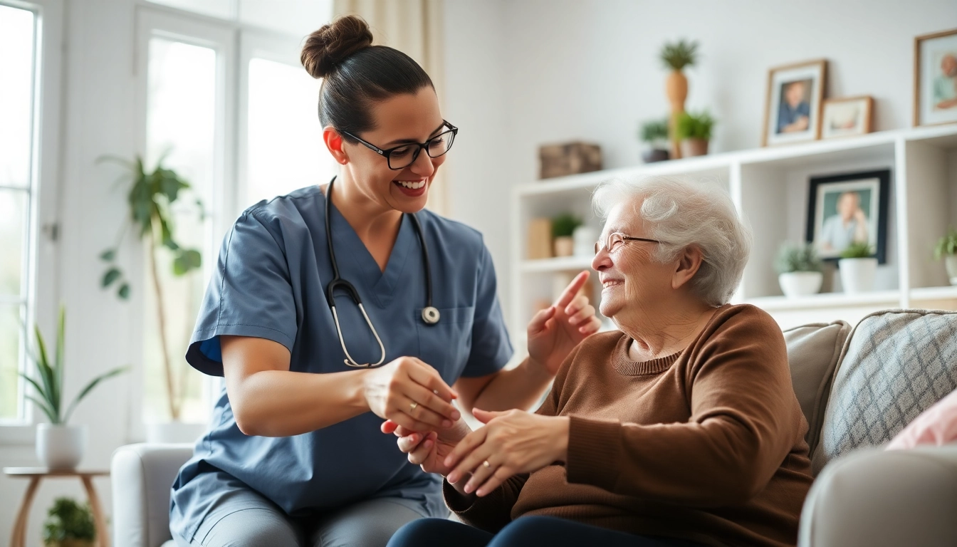 Senior home care Austin with caregiver supporting a senior in a cozy living room.