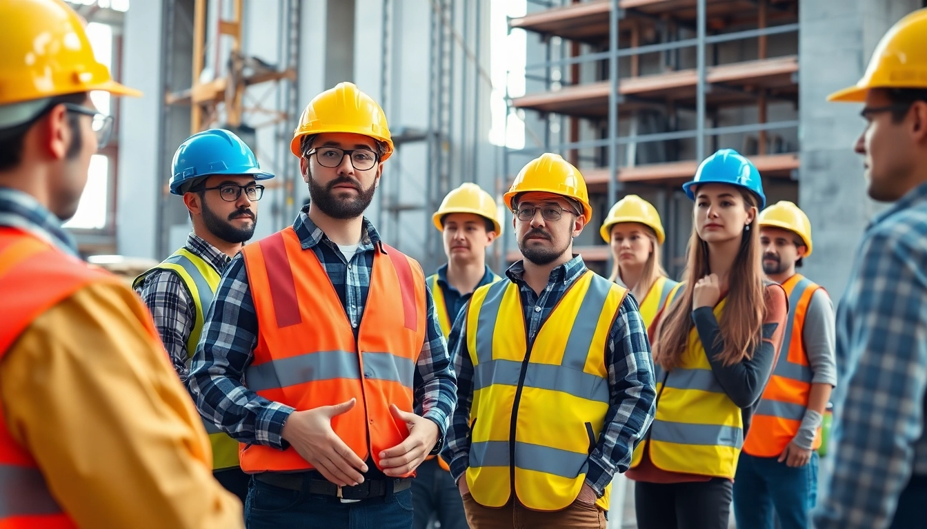 Construction safety training session with a diverse group in safety gear emphasizing protocols