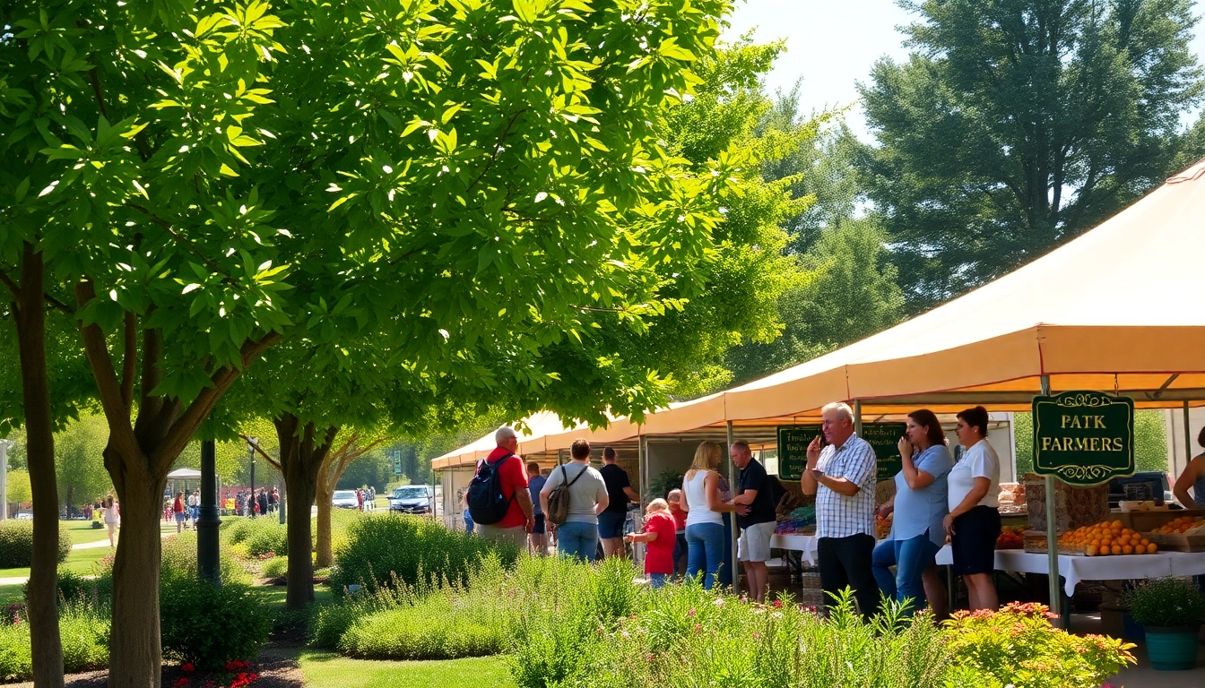 Engaging farmers' market scene in Clarksburg filled with colorful stalls and vibrant community interactions.