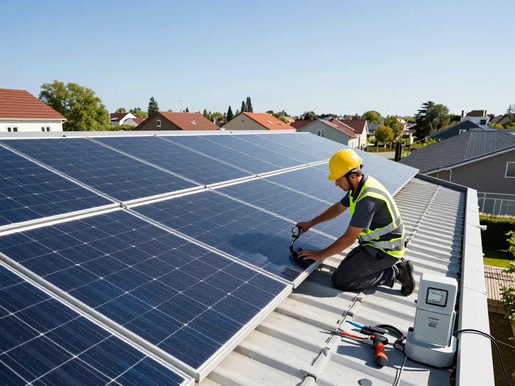 Rooftop solar installation with technician installing panels while explaining gwarancja na moduły fotowoltaiczne – co obejmuje benefits.