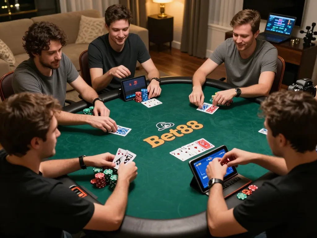 Players enjoying an exciting online poker game on Bet88 platform, emphasizing social engagement and competitive spirit.