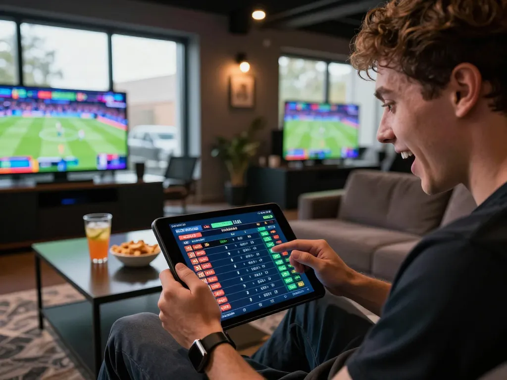 Excited user placing bets on MB66 sports betting app amid live sports screens.