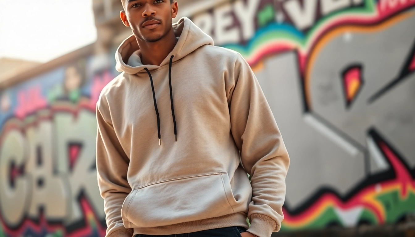 Model showcasing stylish blank hoodies in an urban backdrop with vibrant graffiti.