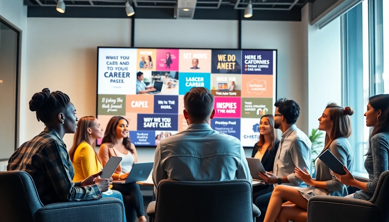Engaged individuals exploring ideal career options with a professional advisor in an inspiring setting.