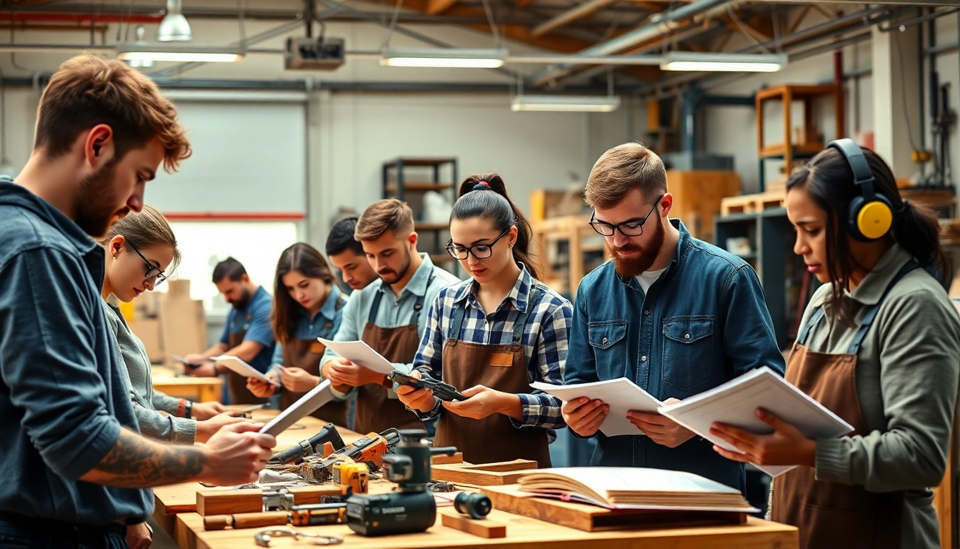 Hands-on training in apprenticeship programs showcasing diverse individuals in a workshop.