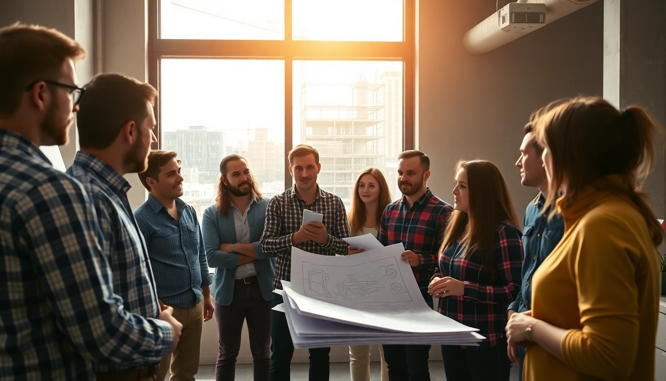 Construction association professionals collaborating in a modern office environment.