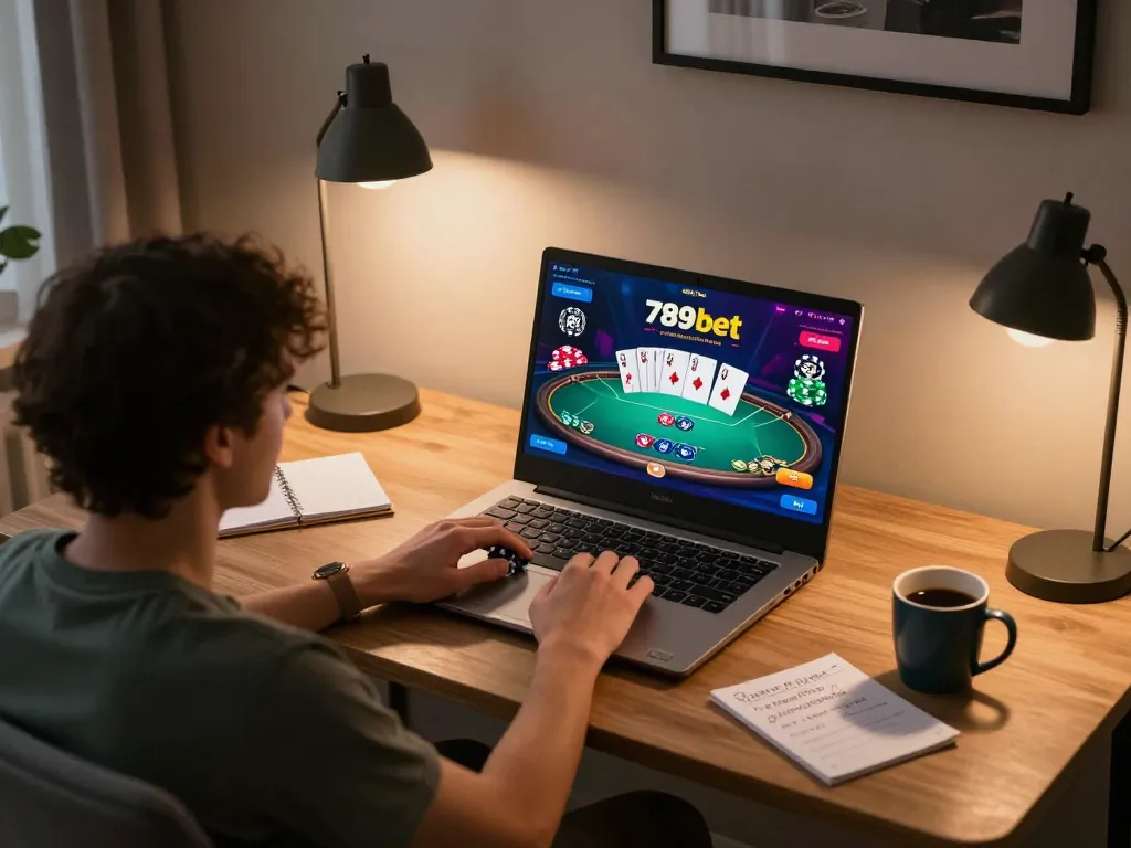Engaged player enjoying 789bet online casino experience at home with laptop, demonstrating strategic gameplay.