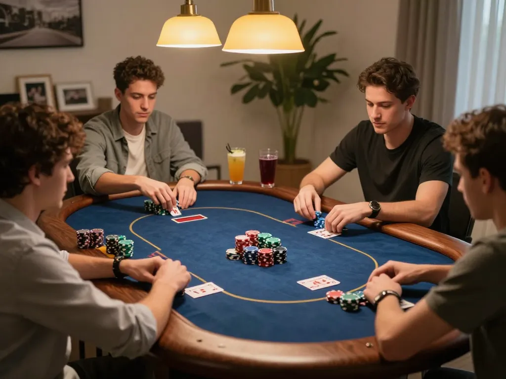 Friends enjoying a strategic Texas Hold'em game at home with RR88, surrounded by colorful chips and warm ambiance.