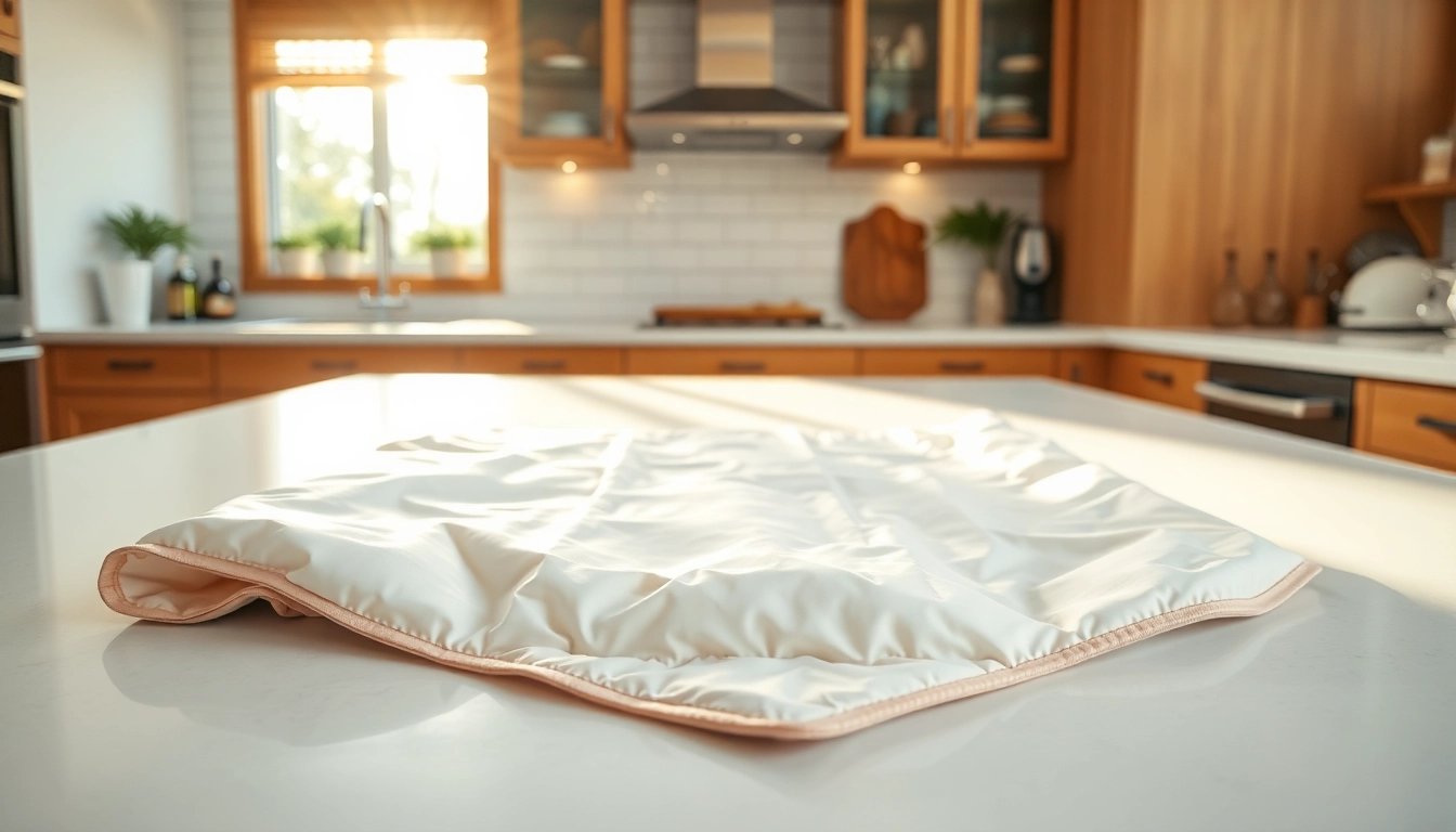 Fire blanket positioned safely on a kitchen counter, emphasizing emergency preparedness.
