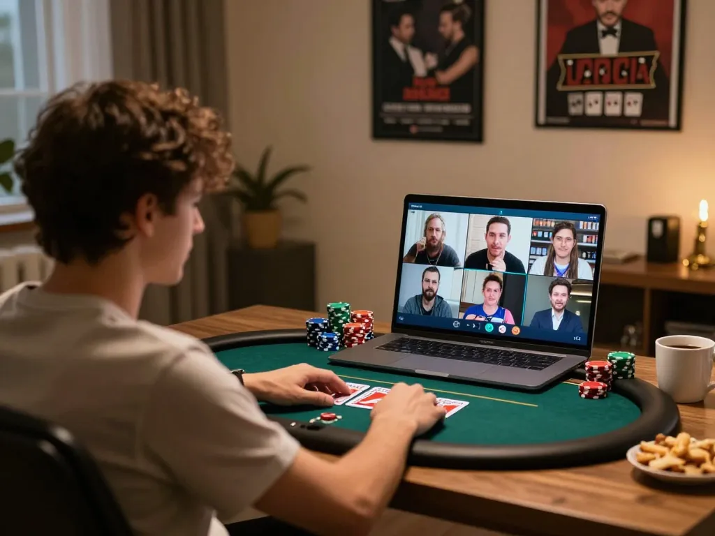Players engage in an exciting online poker game at home, showcasing fly88 and its immersive interface.