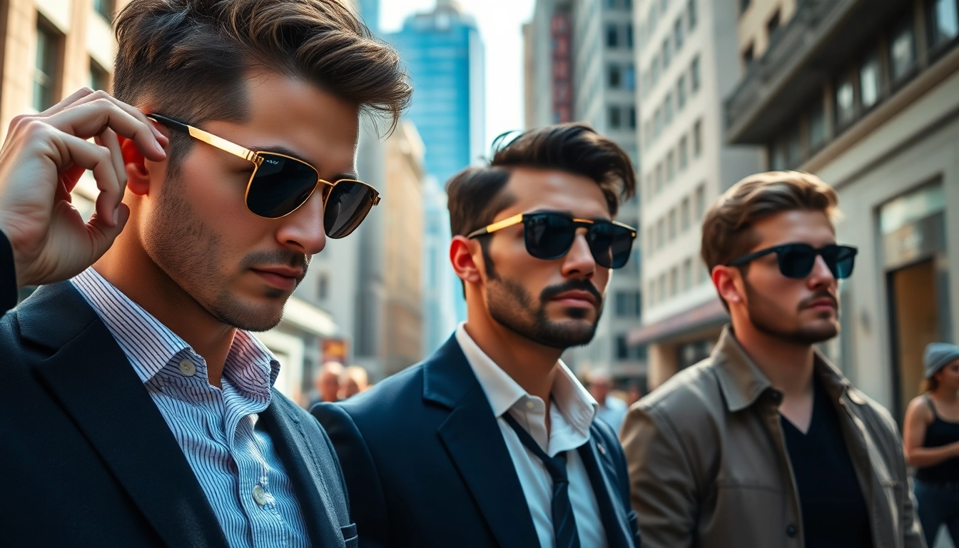 Model showcasing trendy sunglasses for men in a vibrant urban setting with stylish attire.