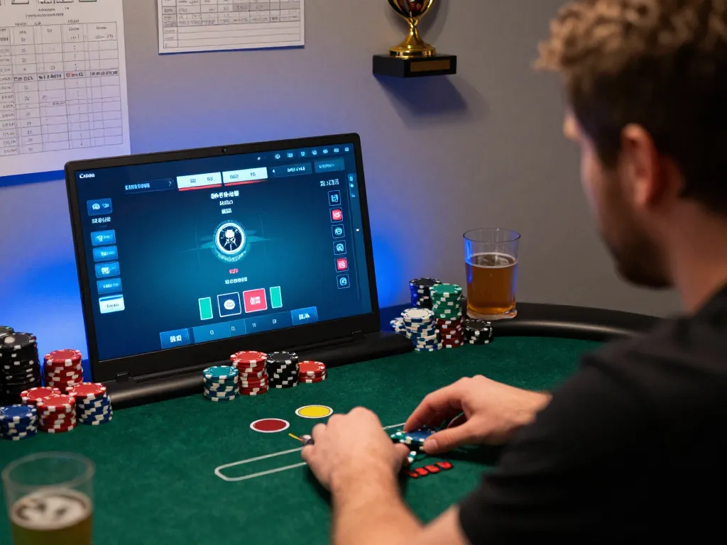 PH22 player strategizing in online poker session at home with focused atmosphere and vibrant laptop screen.