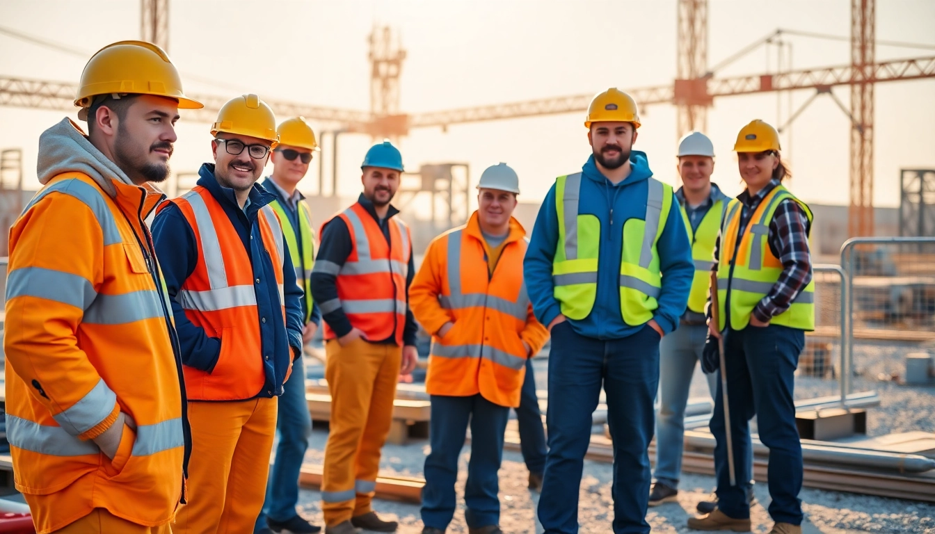 Skilled workers demonstrating teamwork in durable Blåkläder workwear at a construction site.