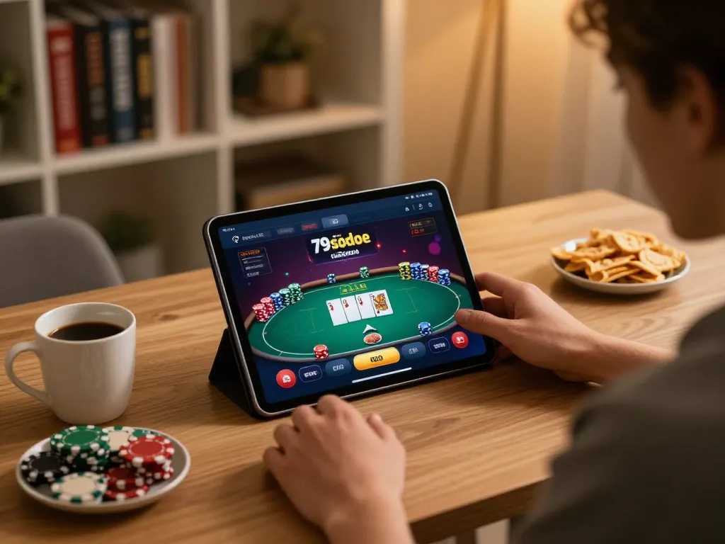 Player engaging with the 79sodoe casino app on tablet, creating a dynamic online gambling scene.