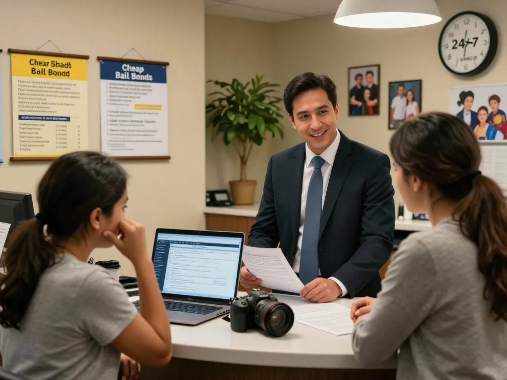 Cheap Bail Bonds service office with professional agent assisting a family, displaying urgency and support.