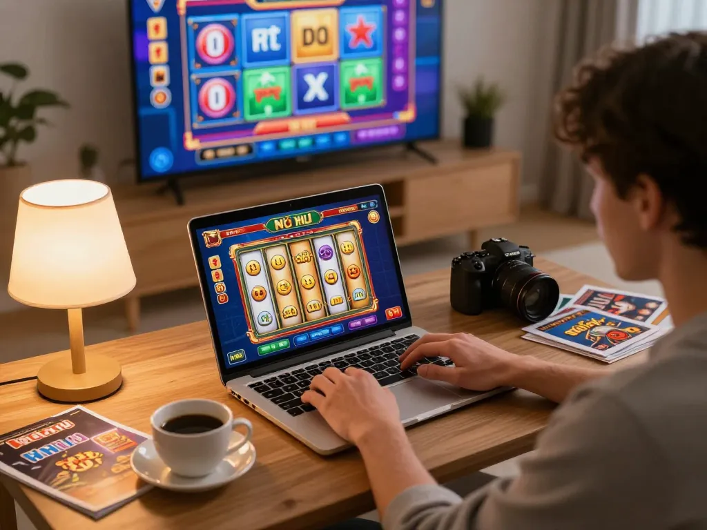 Engaged player experiencing Nổ hũ on laptop at home, showcasing a cozy gaming atmosphere.