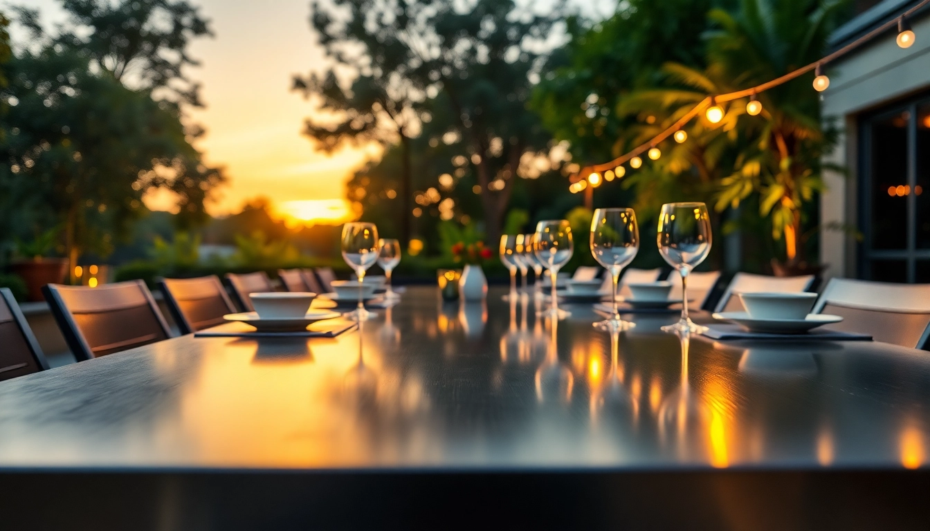 Elevated view of a polished stainless steel table set for outdoor dining.