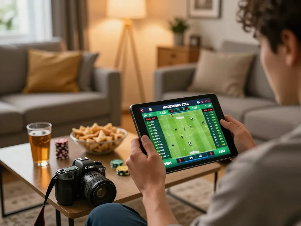 Kèo Nhà Cái sports betting scene with intense focus on live betting odds displayed on a tablet in a cozy home setting.