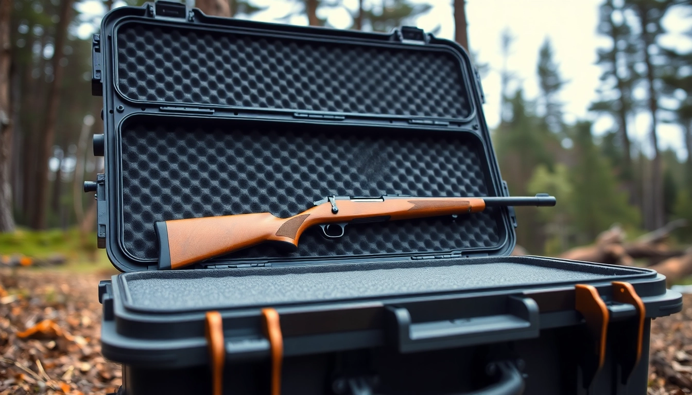 Showcasing a pelican gun case for sale with a rifle, highlighting its sturdy design and features.