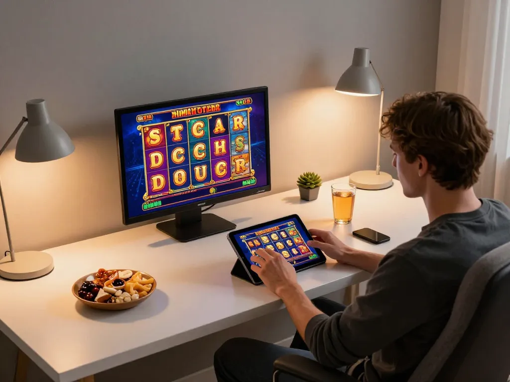 Person enjoying online slot games on tablet in a cozy F168 gaming setup