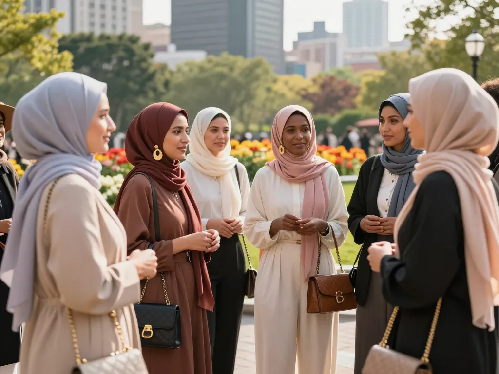 Women showcasing stylish hijabs in a vibrant urban park setting.