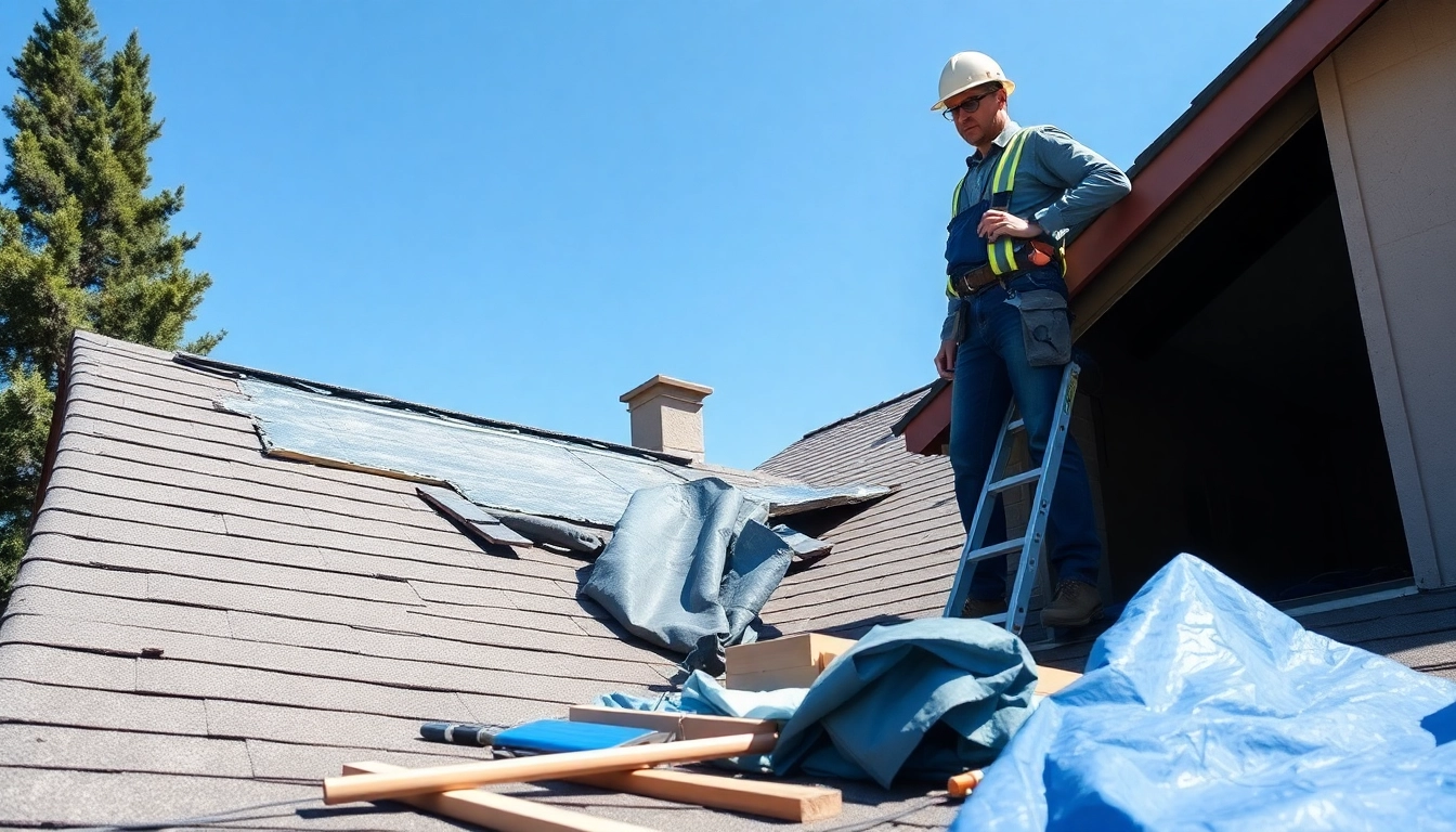 Emergency roof repair Bay Area contractor assessing damage on a suburban rooftop.