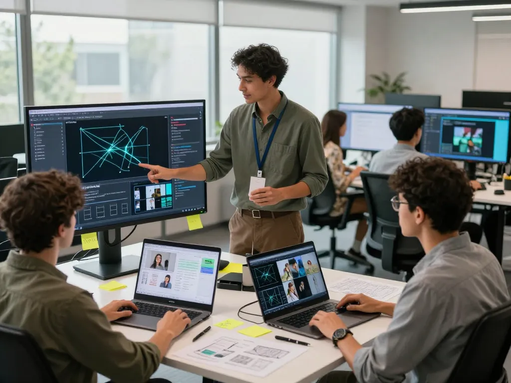 The integration of mind control in motion control AI development, showing a collaboration of diverse software developers in a modern workspace.