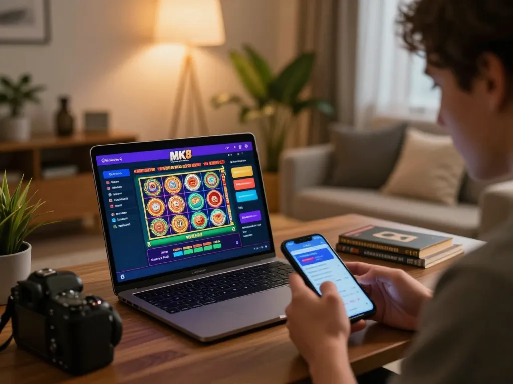 Player enjoying MK8 online casino gaming on laptop in a cozy home atmosphere