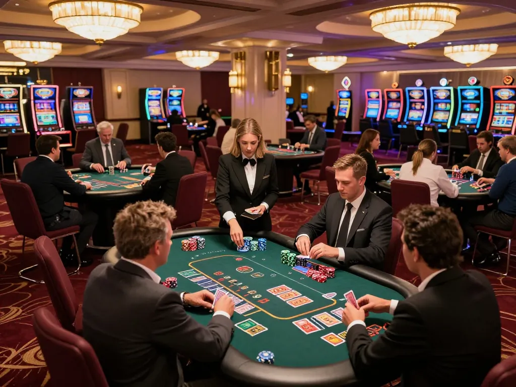 Players enjoying a strategic game at a blackjack table in a luxurious casino while engaging with the gem88 link for gameplay insights.